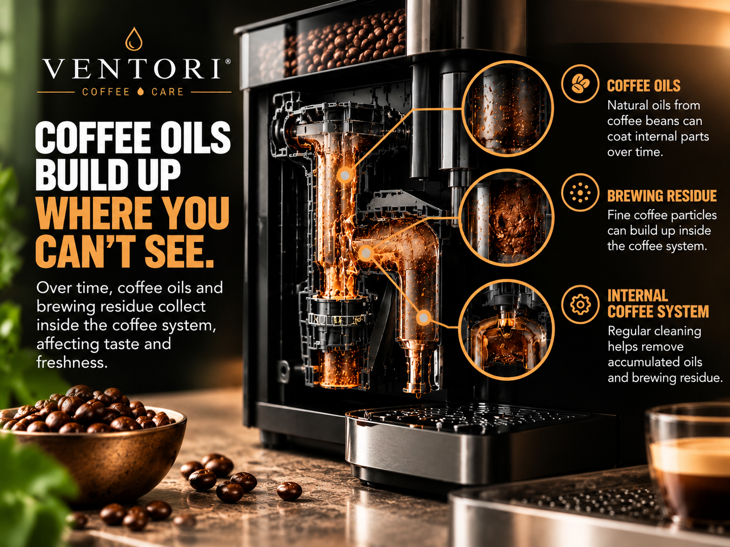 Coffee oils build up inside bean-to-cup coffee machines