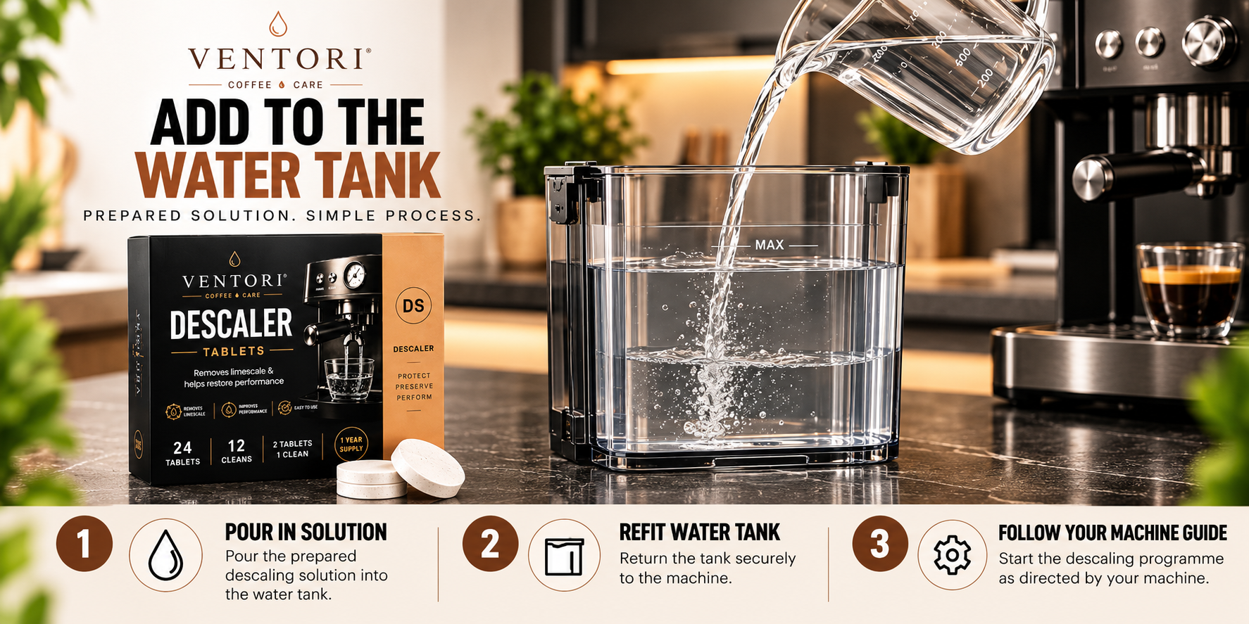 Add the prepared Ventori descaling solution to the coffee machine water tank