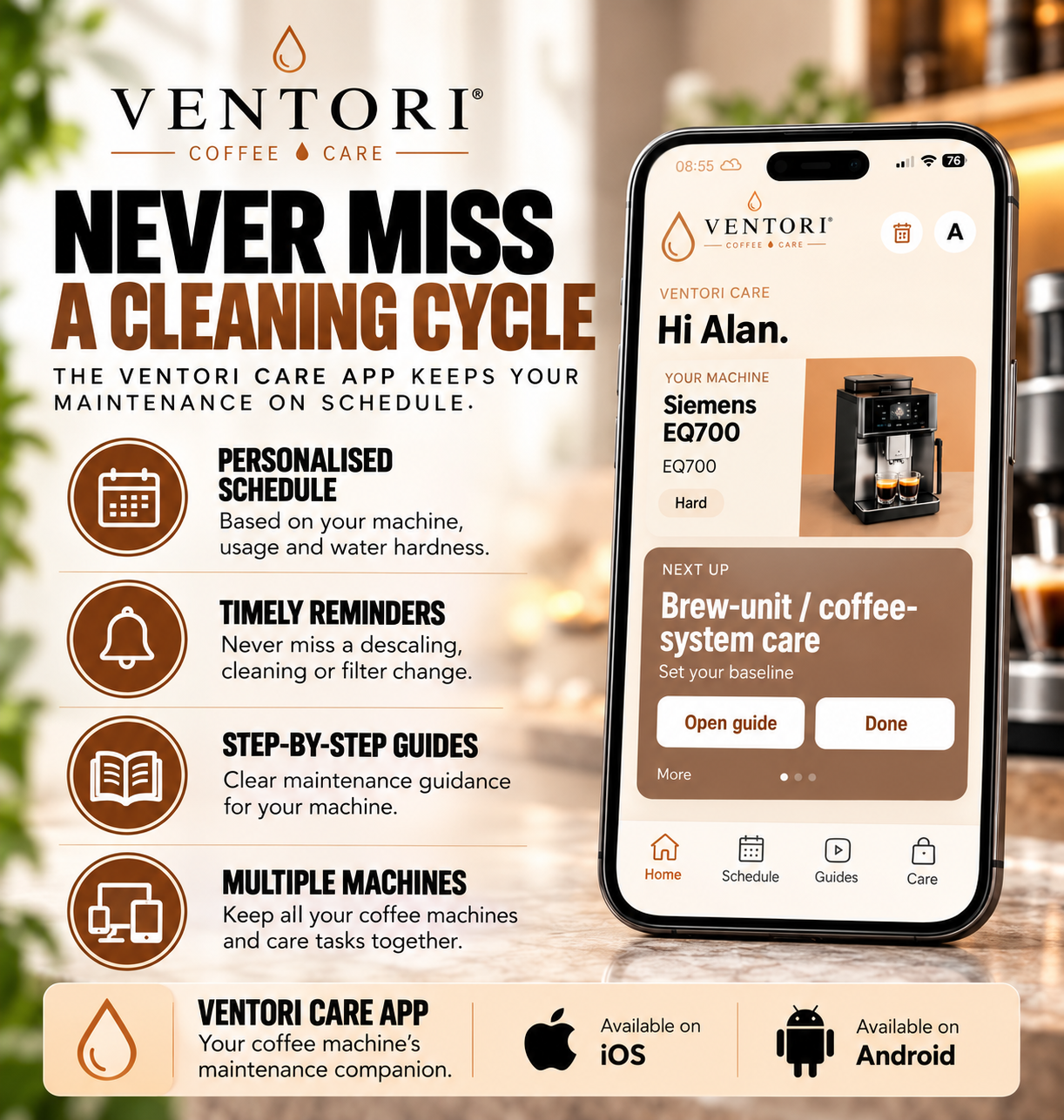 Never miss a coffee machine cleaning cycle with Ventori Care Schedule