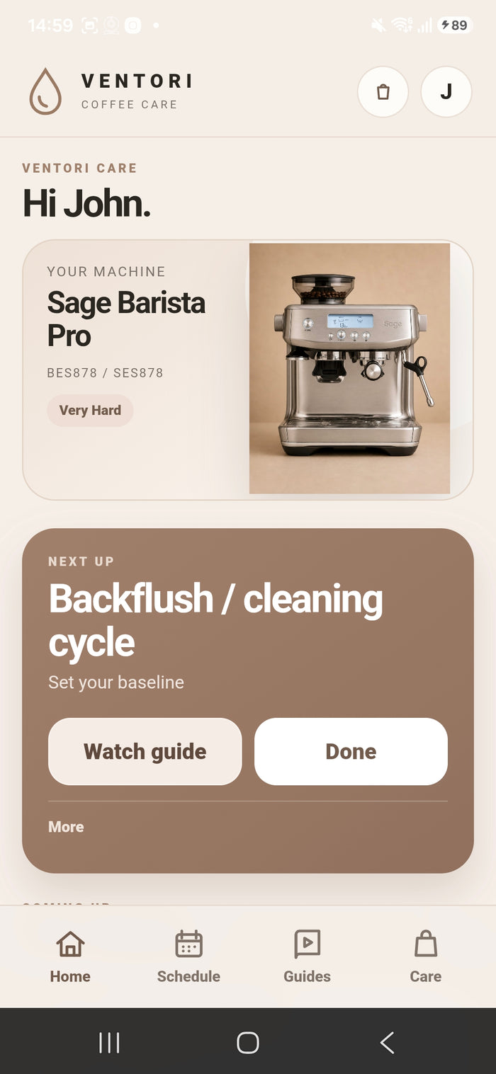 Ventori Care app showing coffee machine maintenance tracking